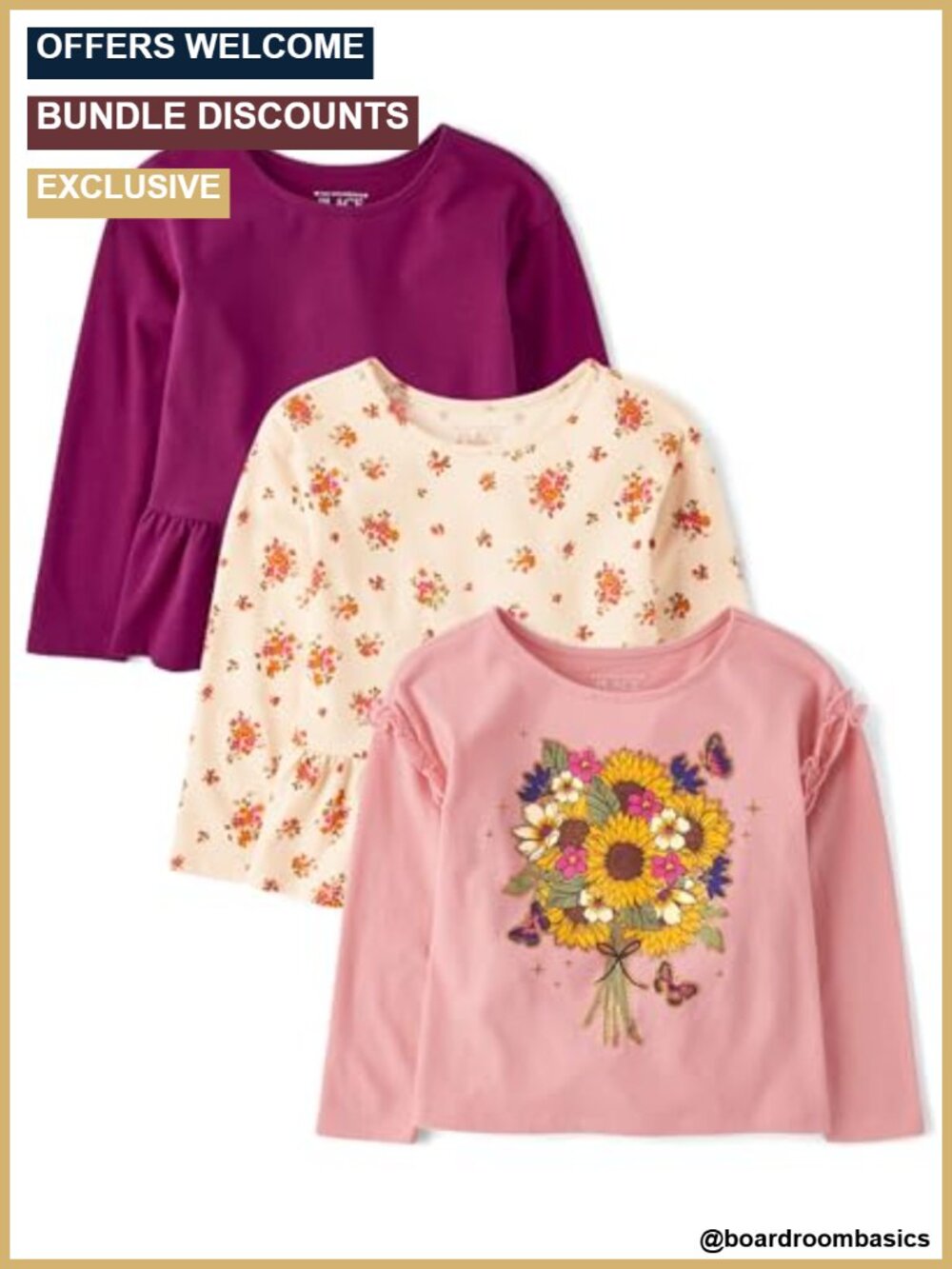 Girls Toddler Long Sleeve Knit Shirts 3-Pack Cotton Polyester Peplum Ruffle